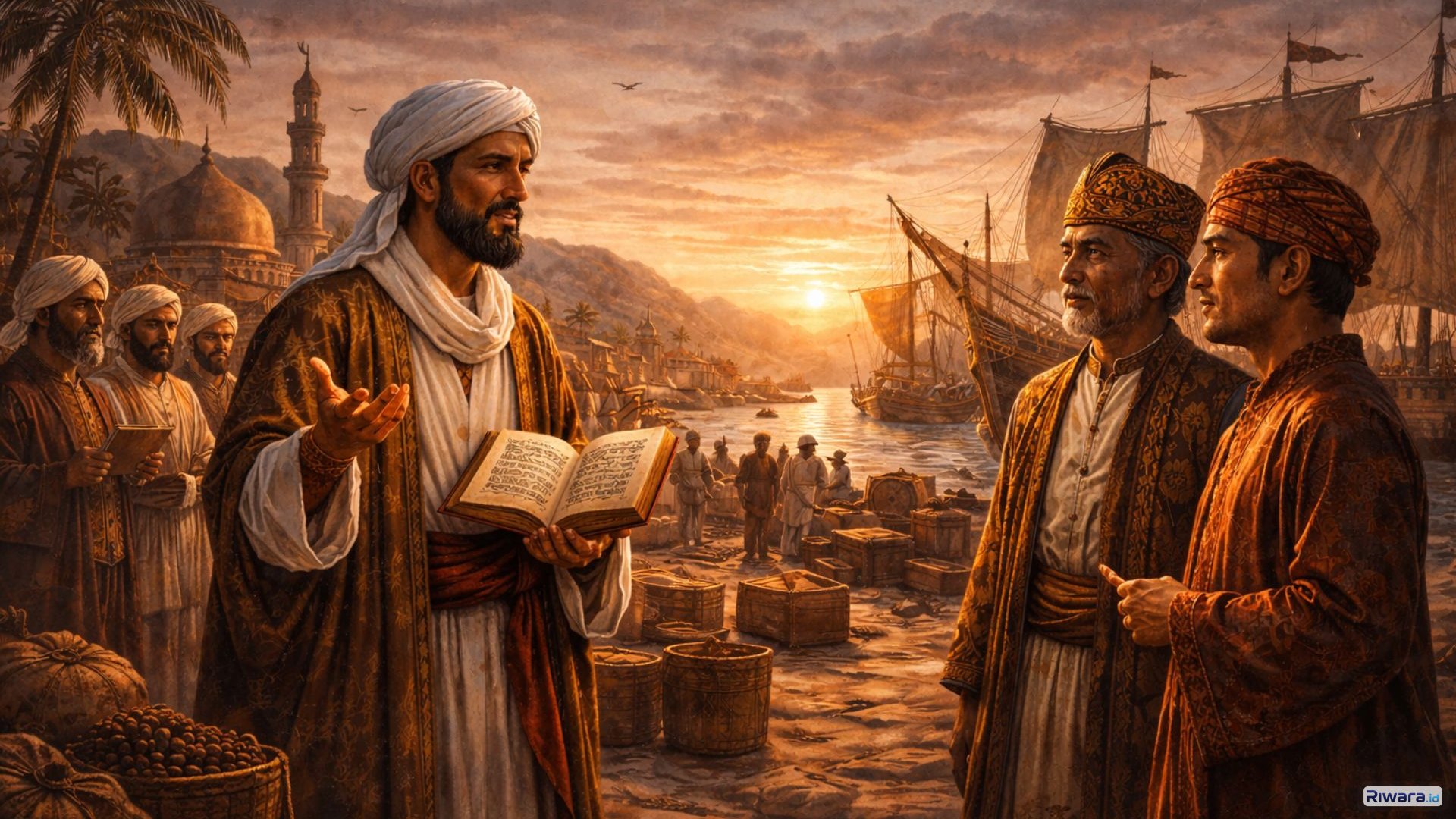 Ilustrasi aktivitas perdagangan di pelabuhan Gresik yang pada masa lalu menjadi salah satu pusat interaksi pedagang internasional dan berperan dalam awal penyebaran Islam di Jawa.